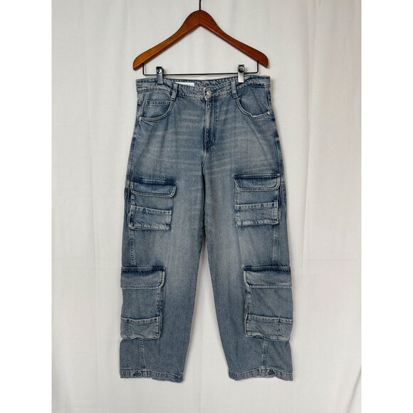 Zara Med Blue 100% Cotton Denim Cargo Wide Leg Button Jogger Cuff Jeans Size 10 - Picture 1 of 17